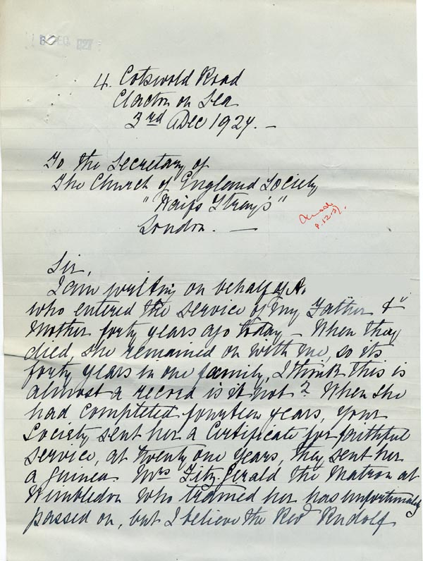 Large size image of Case 795 12. Letter from A's employer describing her service of almost 40 years with the same family  3 December 1927
 page 1