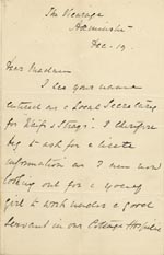 Image of Case 866 5. Letter from Mrs Newman enquiring about the possibility of obtaining the services of a girl to work at the Cottage Hospital, Axminster  19 December 1887
 page 1