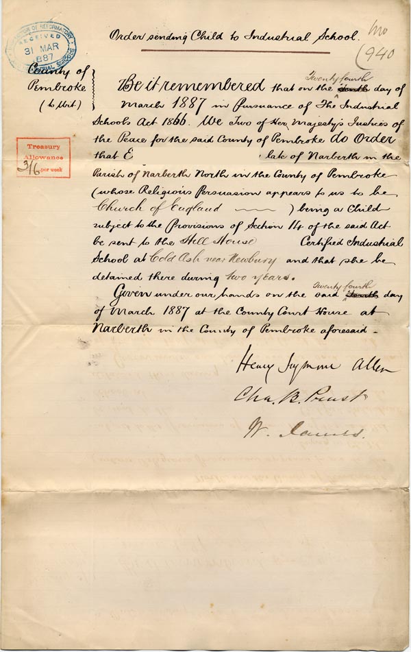 Large size image of Case 940 2. Order sending E. to Hill House Industrial School, Cold Ash  24 March 1887
 page 1