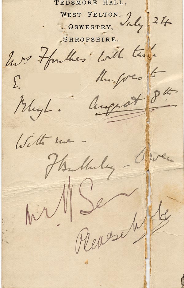 Large size image of Case 940 5. Postcard from Tedsmore Hall, Shropshire to Edward Rudolf  24 July 1894
 page 2
