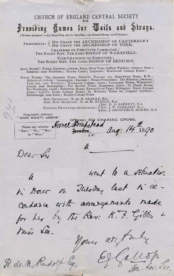 Large size image of Case 941 8. Letter from the Hemel Hempstead Home informing Revd Edward Rudolf that A. had gone to a situation in Dover  14 August 1890
 page 1