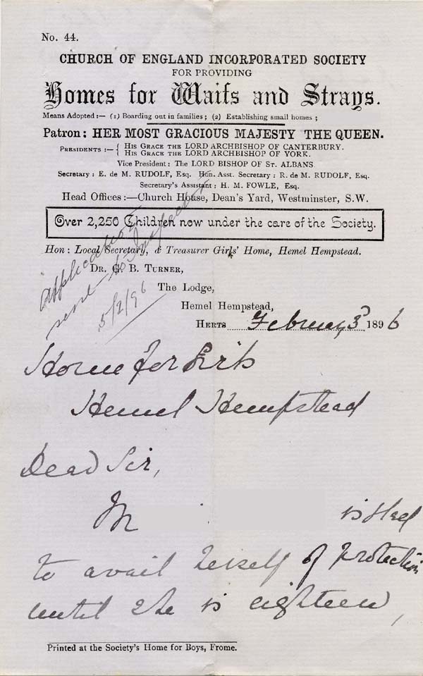 Large size image of Case 941 25. Letter from Hemel Hempstead about M. signing papers to (quote)avail herself of protection until she is eighteen(unquote)  3 February 1896
 page 1