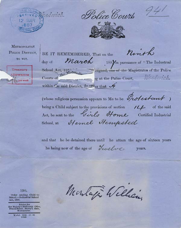 Large size image of Case 942 5. Order sending A. to an Industrial School  9 March 1887
 page 1