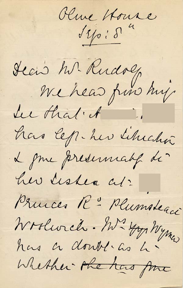 Large size image of Case 942 9. Letter from the Hemel Hempstead Home about the possibility of finding a new situation for A.  8 September [1890]
 page 1