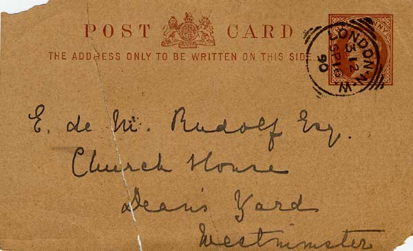 Large size image of Case 942 10. Card acknowledging A's arrival at 20 Blandford Square  16 September 1890
 page 1