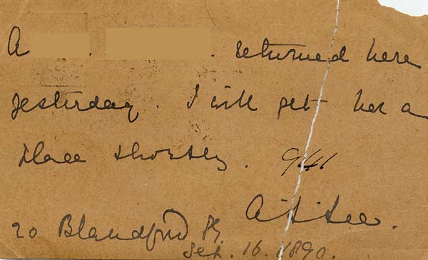 Large size image of Case 942 10. Card acknowledging A's arrival at 20 Blandford Square  16 September 1890
 page 2