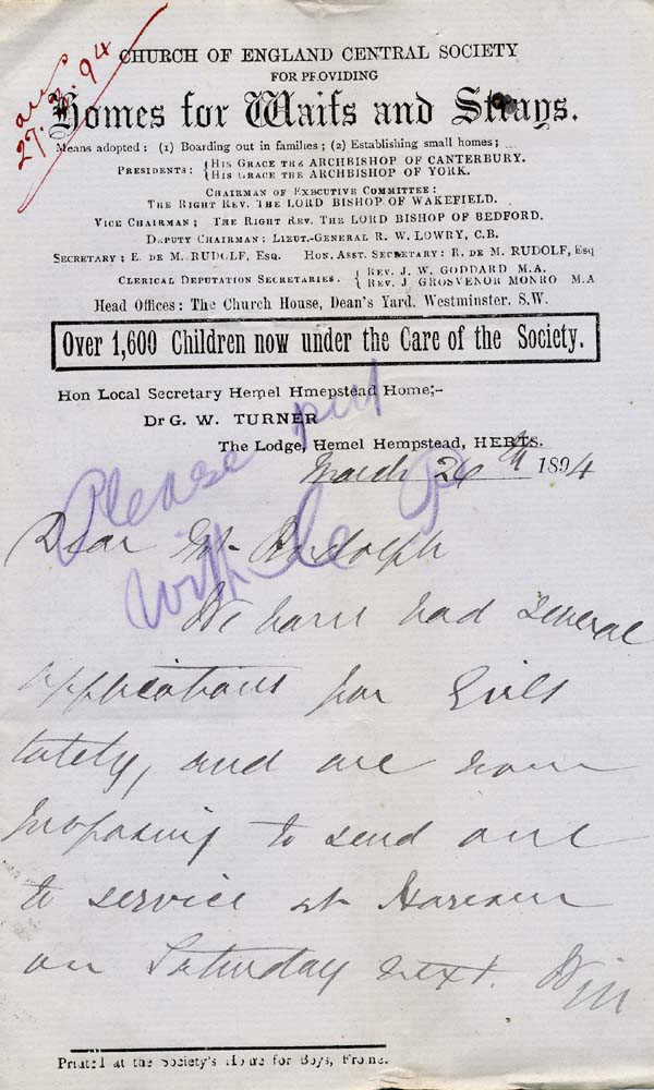 Large size image of Case 942 11. Letter from the Hemel Hempstead Home requesting a license for a girl who is to go into service in Harrow  26 March 1894
 page 1
