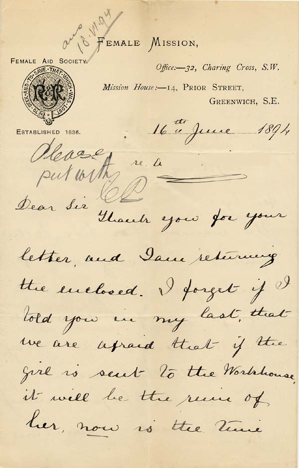 Large size image of Case 942 14. Letter from the Female Mission requesting help for A.  16 June 1894
 page 1
