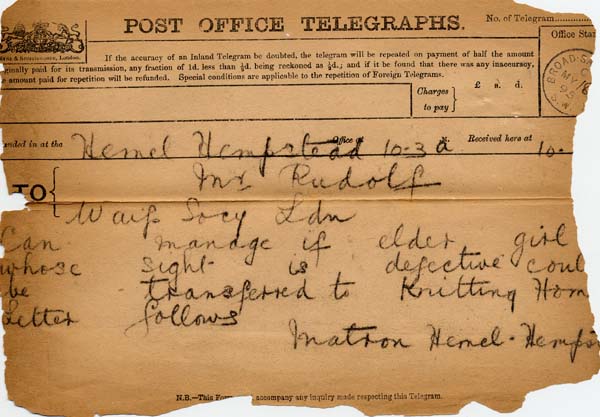 Large size image of Case 942 16. Telegram from Hemel Hempstead Home about creating a vacancy  [May 1895]
 page 1