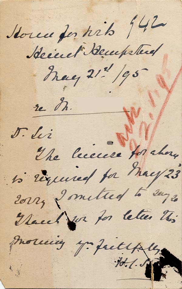 Large size image of Case 942 19. Card about license for M.  21 May 1895
 page 2