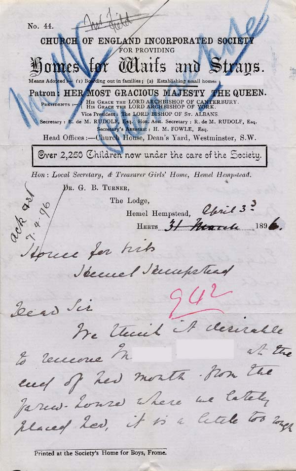Large size image of Case 942 28. Letter from Hemel Hempstead about removing M. from her situation and sending her to Bayswater to be a housemaid  3 April 1896
 page 1