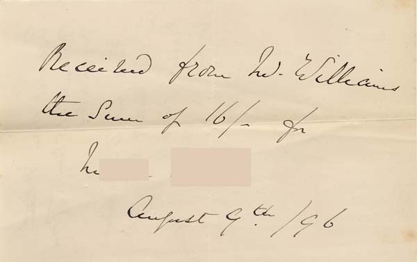 Large size image of Case 942 30. Receipt for 16/-  9 August 1896
 page 1