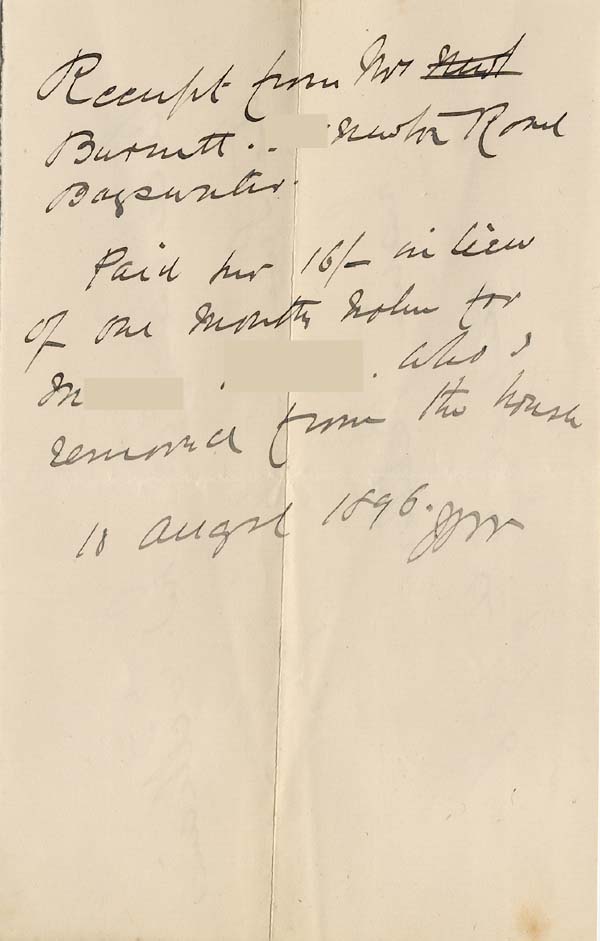 Large size image of Case 942 31. Receipt for 16/- paid in lieu of one month' s notice for M.  18 August 1896
 page 1