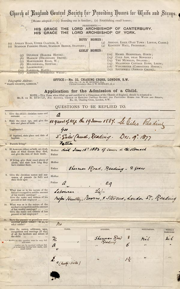 Large size image of Case 1024 1. Application to Waifs and Strays' Society  13 June 1887
 page 1