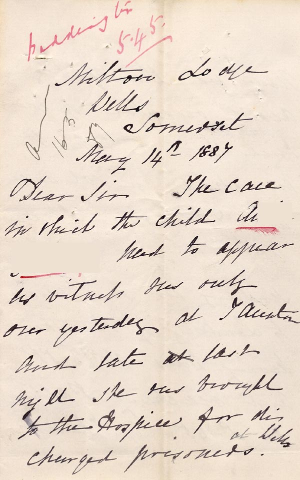 Large size image of Case 1024 6. Letter from Mrs Thompson  14 May 1887
 page 1