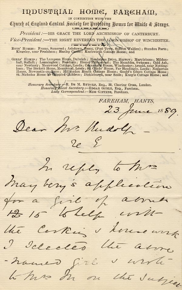 Large size image of Case 1047 5. Letter from Miss Gittens, Industrial Home, Fareham  23 June 1889
 page 1