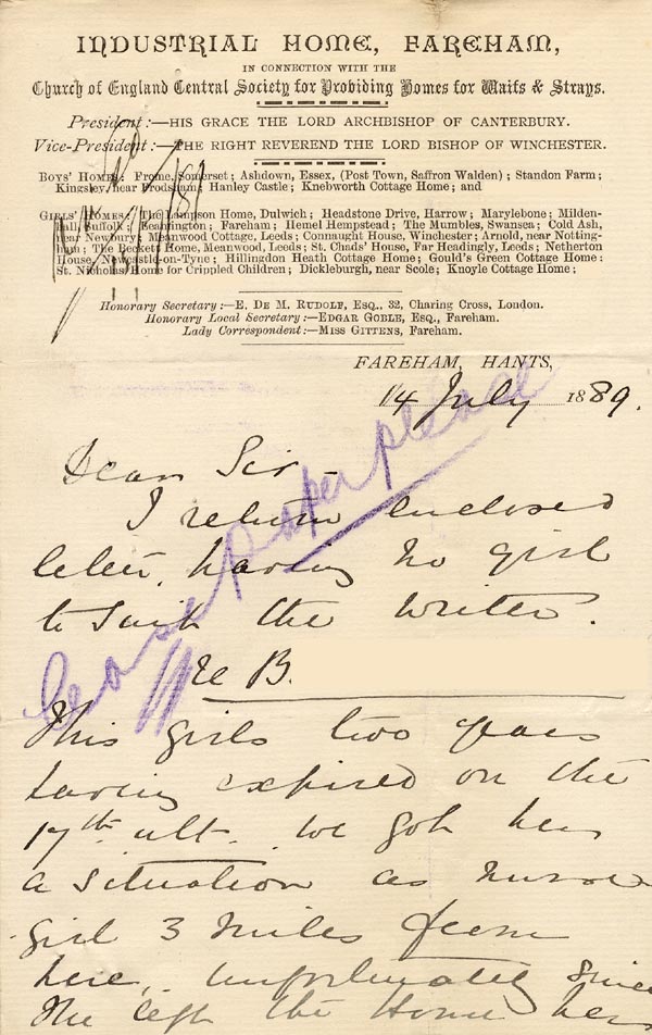 Large size image of Case 1047 6. Letter from Miss Gittens, Industrial Home, Fareham  14 July 1889
 page 1