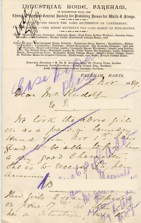 Large size image of Case 1047 7. Letter from Miss Gittens, Industrial Home, Fareham  5 November 1889
 page 1