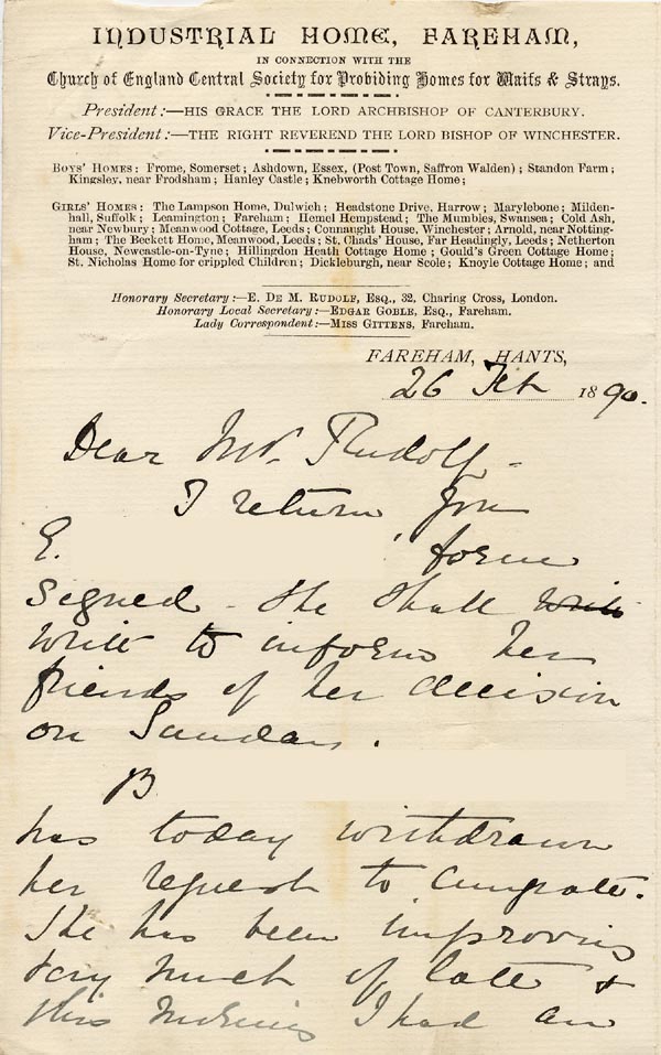 Large size image of Case 1047 8. Letter from Miss Gittens, Industrial Home, Fareham 26 February 1890
 page 1