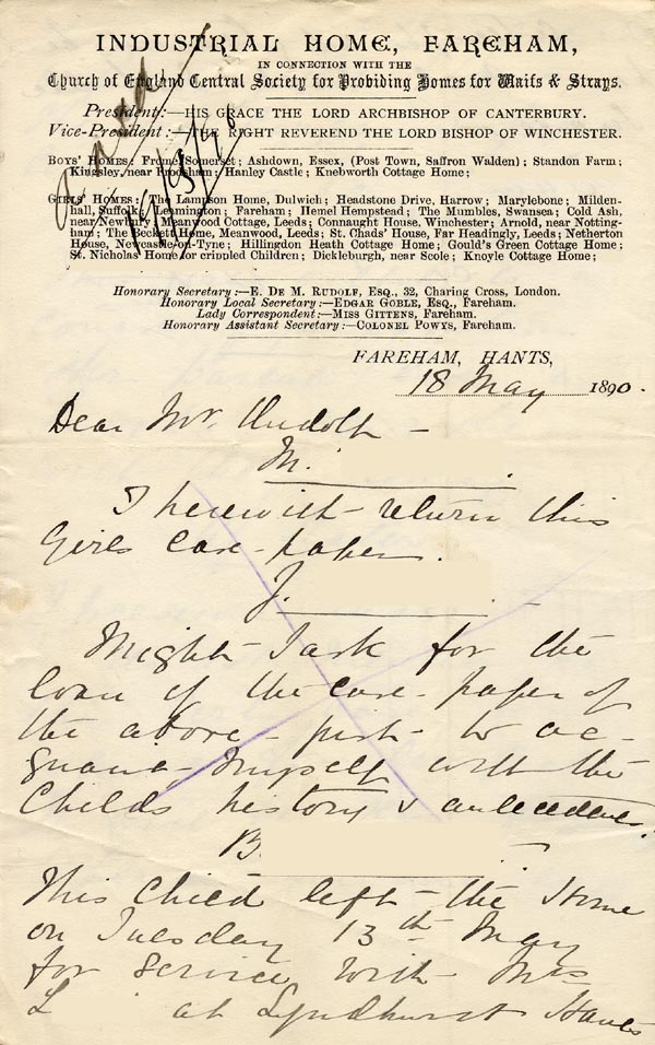 Large size image of Case 1047 11. Letter from Miss Gittens, Industrial Home, Fareham  18 May 1890   
 page 1