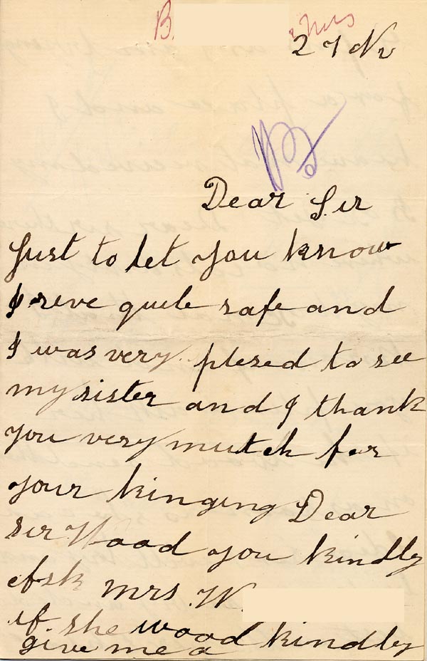 Large size image of Case 1047 12. Letter from B. c. 27 November 1891
 page 1