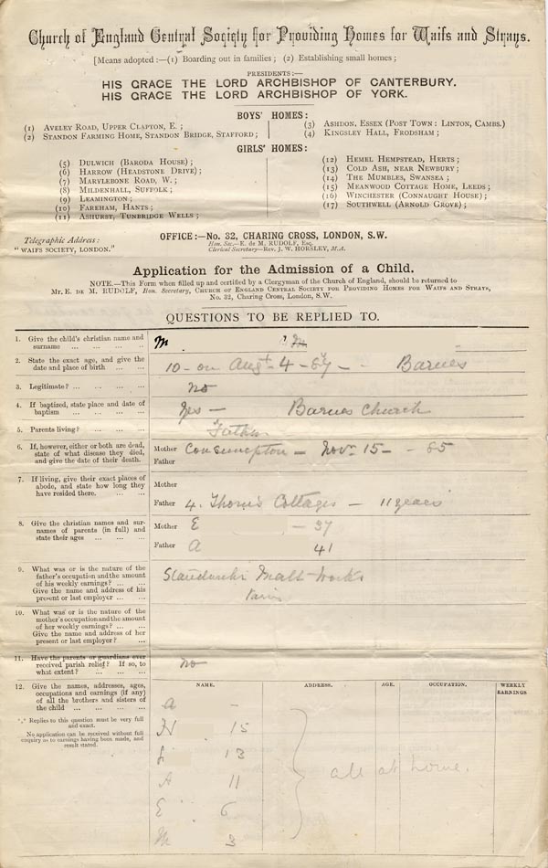 Large size image of Case 1106 1. Application to the Waifs and Strays' Society 29 July 1887
 page 1