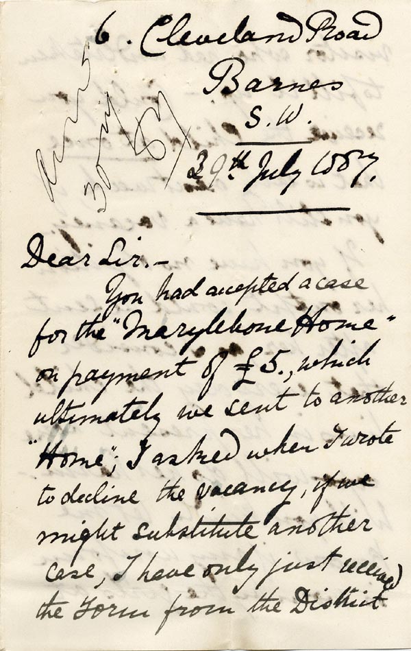 Large size image of Case 1106 3. Letter from the Barnes Ladies Association 29 July 1887
 page 1