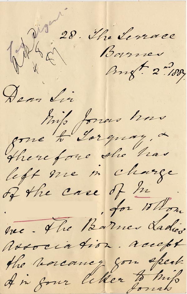 Large size image of Case 1106 4. Letter from the Barnes Ladies Association 2 August 1887
 page 1