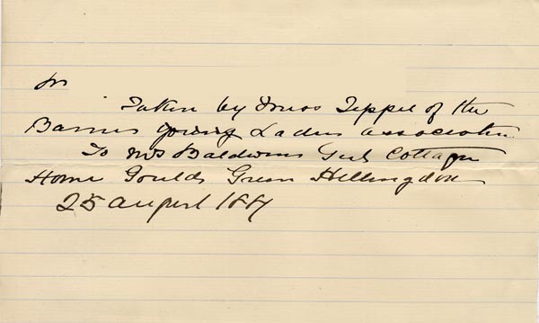 Large size image of Case 1106 6. Note concerning M. being taken to Gould's Green Cottage Home 25 August 1887
 page 1
