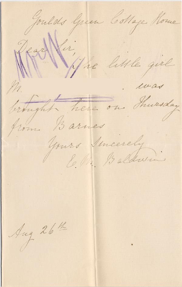 Large size image of Case 1106 7. Letter from Gould's Green Cottage Home 26 August 1887
 page 1