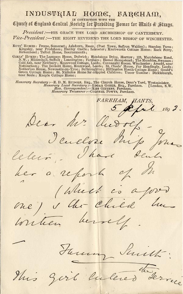 Large size image of Case 1106 9. Letter from the Girls Industrial Home, Fareham 5 April 1892
 page 1
