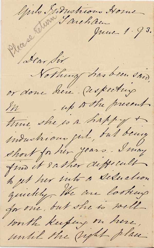 Large size image of Case 1106 11. Letter from the Girls Industrial Home, Fareham 1 June 1893
 page 1