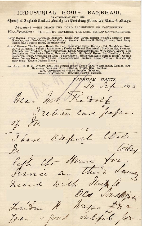 Large size image of Case 1106 14. Excerpt of letter from Girls Industrial Home, Fareham 20 September 1893
 page 1