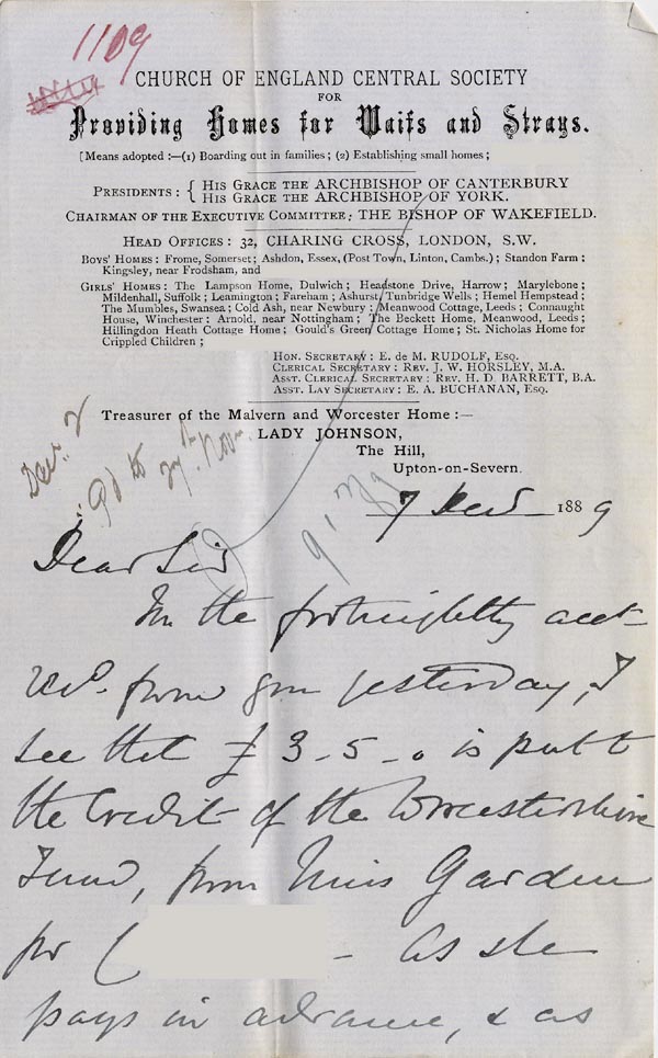 Large size image of Case 1109 5. Letter from Mrs Johnson, Malvern and Worcester home 12 August 1889
 page 1