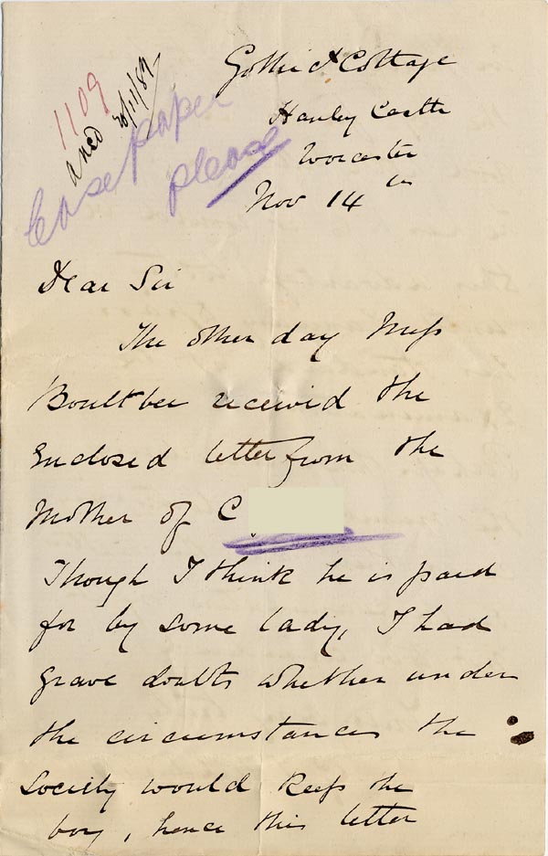 Large size image of Case 1109 6. Letter from G.T. Fieldwick, Hanley Castle 14 November 1889
 page 1