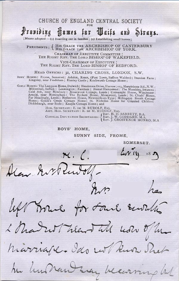 Large size image of Case 1109 7. Letter from the Frome home 19 November 1889
 page 1