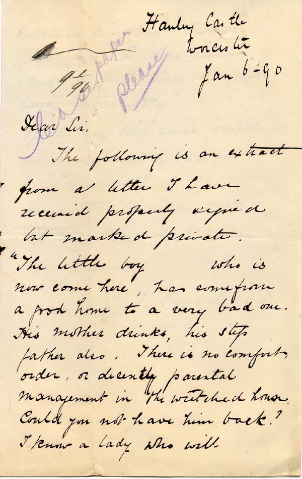Large size image of Case 1109 9. Letter from G.T. Fieldwick, Hanley Castle 6 January 1890
 page 1