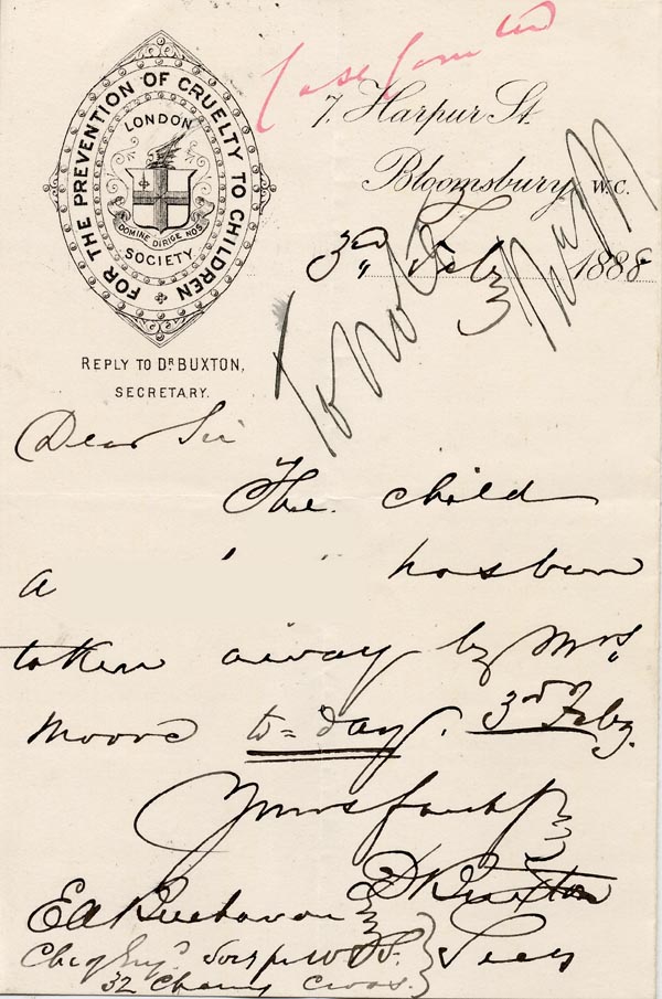 Large size image of Case 1214 5. Note from Dr Buxton, Society for the Prevention of Cruelty to Children 3 February 1888
 page 1