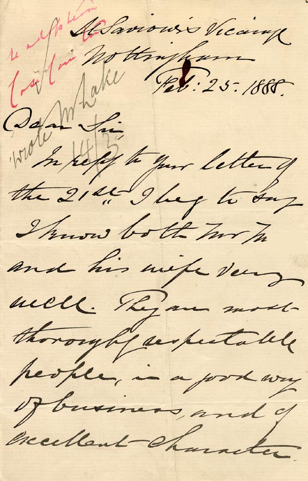 Large size image of Case 1214 8. A character reference for adoptive father  25 February 1888
 page 1