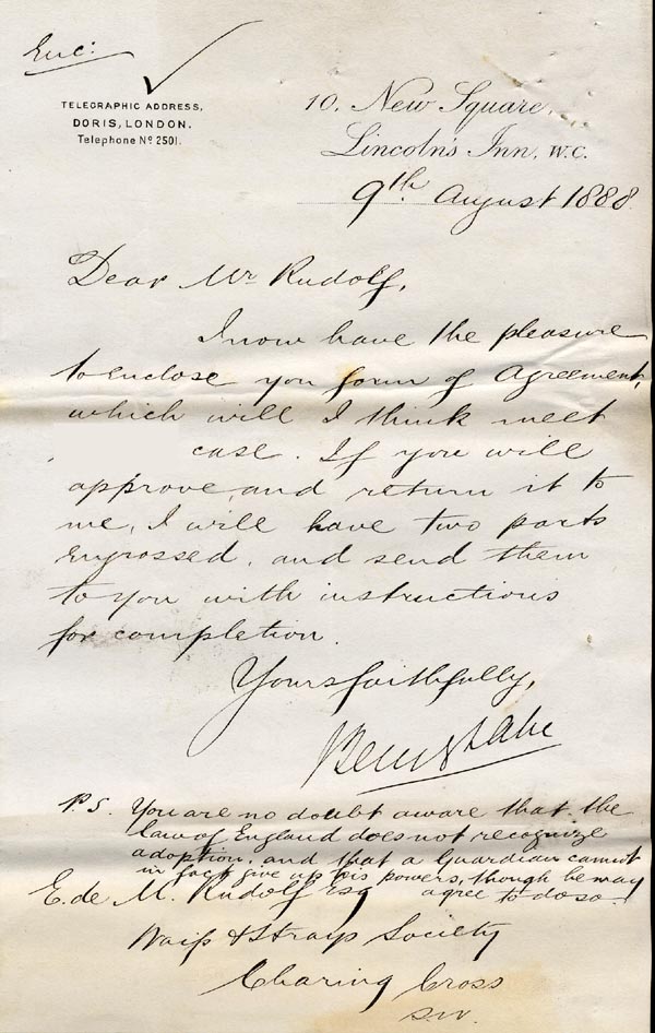Large size image of Case 1214 14. Articles of Agreement [for adoption] and letter 9 August 1888
 page 1