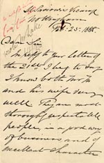Image of Case 1214 8. A character reference for adoptive father  25 February 1888
 page 1