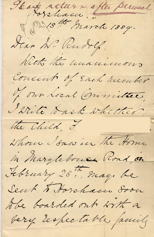 Large size image of Case 1265 4. Letter from Mrs Bostock 15 March 1889
 page 1