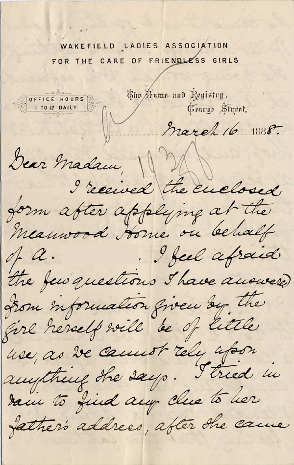 Large size image of Case 1269 2. Letter from the Wakefield Ladies Association 16 March 1888
 page 1