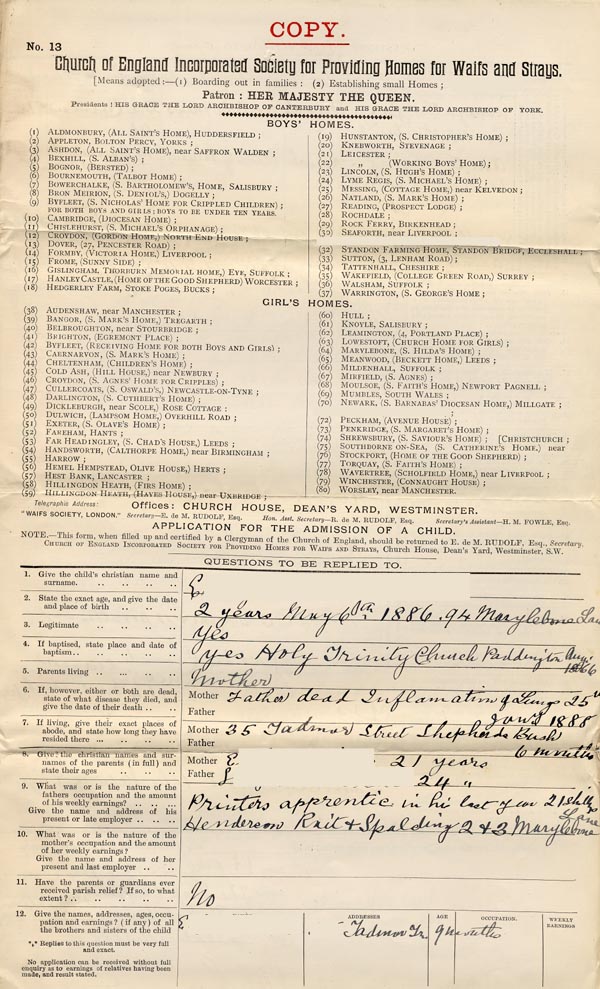 Large size image of Case 1294 1. Application to the Waifs and Strays' Society 14 April 1888
 page 1