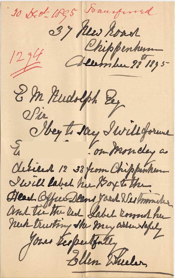 Large size image of Case 1294 16. Letter from Miss Wheeler to Revd Edward Rudolf  28 December 1895 
 page 1