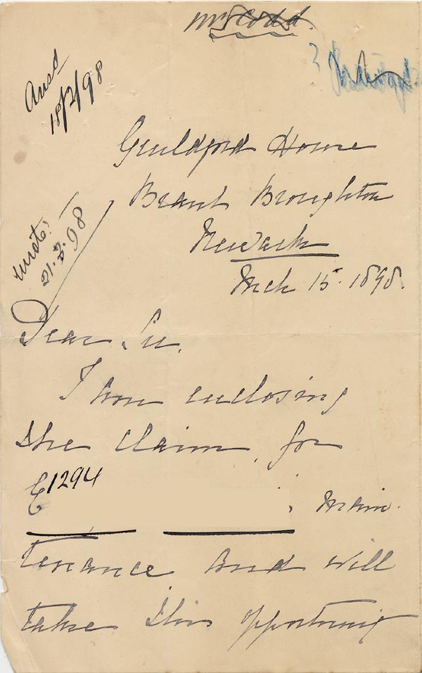 Large size image of Case 1294 18. Letter from Miss Lamb, Guildford Home to Revd Edward Rudolf  15 March 1898
 page 1