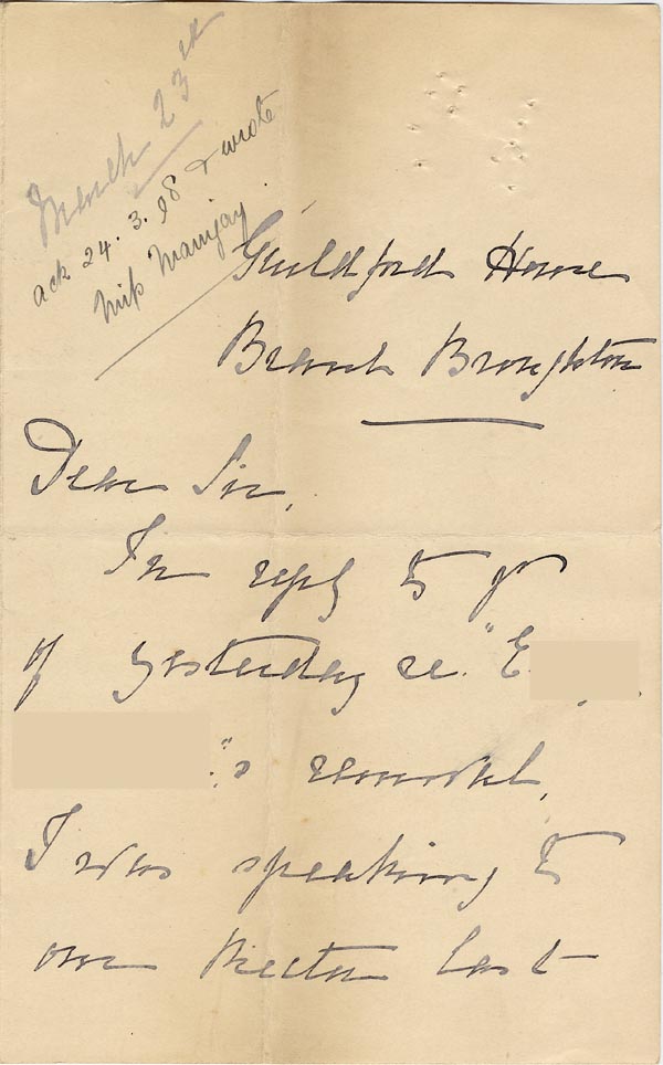 Large size image of Case 1294 19. Letter from Miss Lamb, Guildford Home to Revd Edward Rudolf  23 March 1898
 page 1