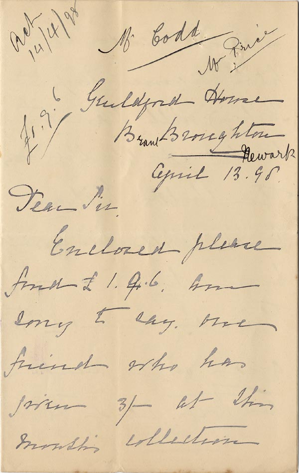 Large size image of Case 1294 20. Letter from Miss Lamb, Guildford Home to Revd Edward Rudolf  13 April 1898
 page 1