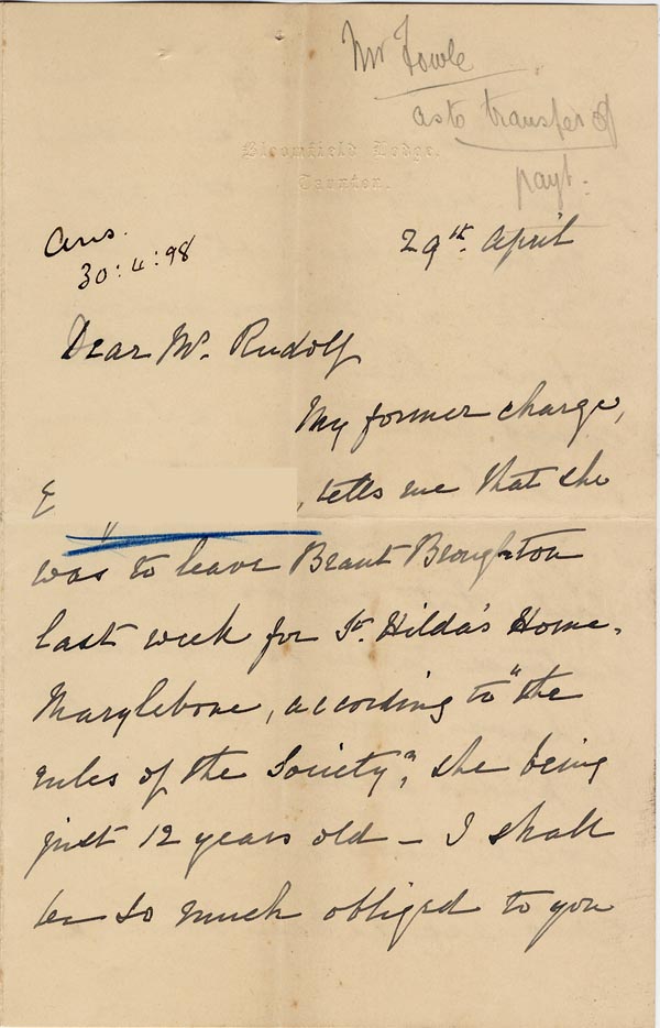 Large size image of Case 1294 23. Letter from Mrs Bere to Revd Edward Rudolf  29 April 1898
 page 1