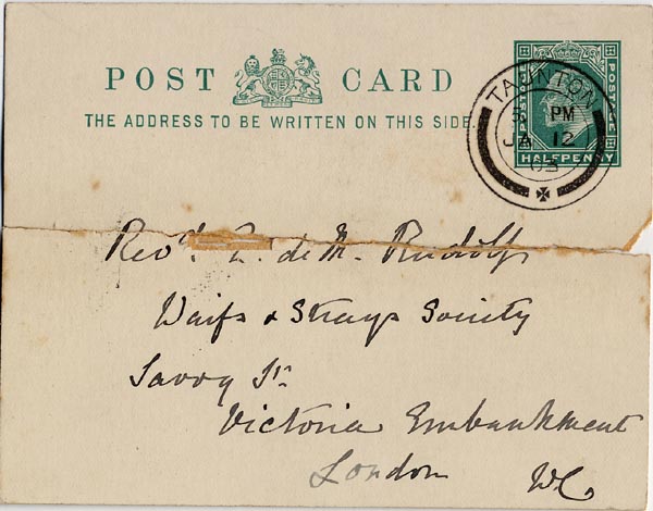 Large size image of Case 1294 30. Postcard from Mrs Bere to Revd Edward Rudolf  12 January 1902
 page 1